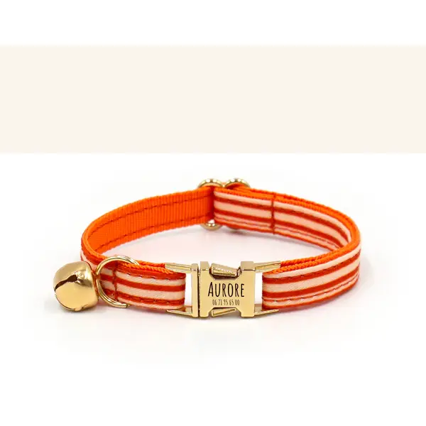 Collier Chat Personnalisé Coton Rayé Orange