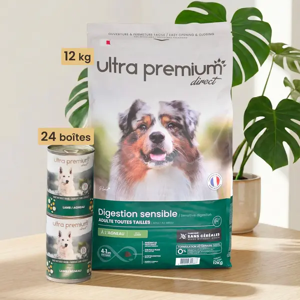 Pack bi-nutrition : 12 kg croquettes sans céréales chien Digestion Sensible + 24 boîtes pâtée agneau