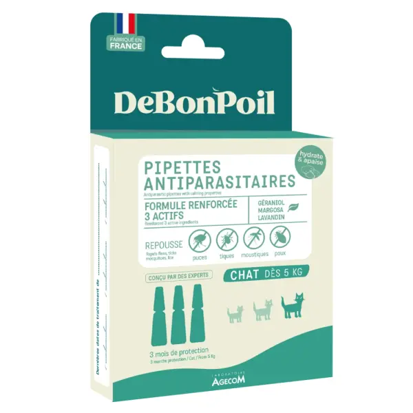 DeBonPoil Pipettes Antiparasitaires Bio Chat > 5 kg – 3 Pipettes
