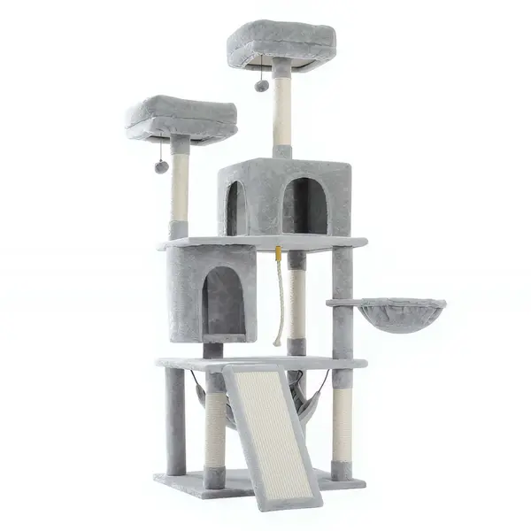 Arbre à chat géant gris avec nid perché, hamac et échelle pour chats actifs