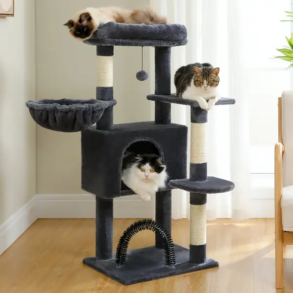 Arbre à chat 106cm avec hamac suspendu et arc de massage, niche douillette et poteaux sisal