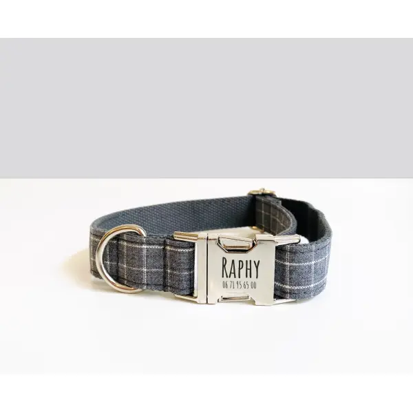 Collier Chien Personnalisé Coton Carreaux Gris