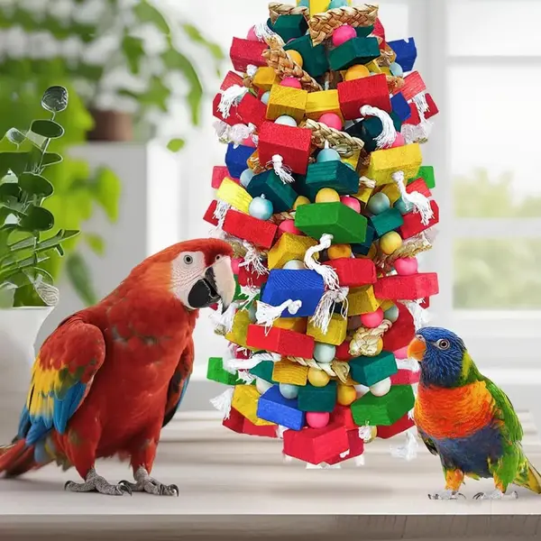 XL Natural Wood and Cotton Parrot Chew Toy