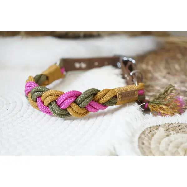 Collier tressé en cordes / Taille 43-50cm / Fuchsia-Caramel-Kaki