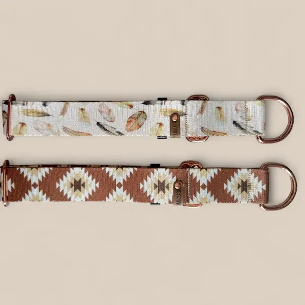 Collier pour chien en sangle imprimée - Motif Amérindien marron / plumes