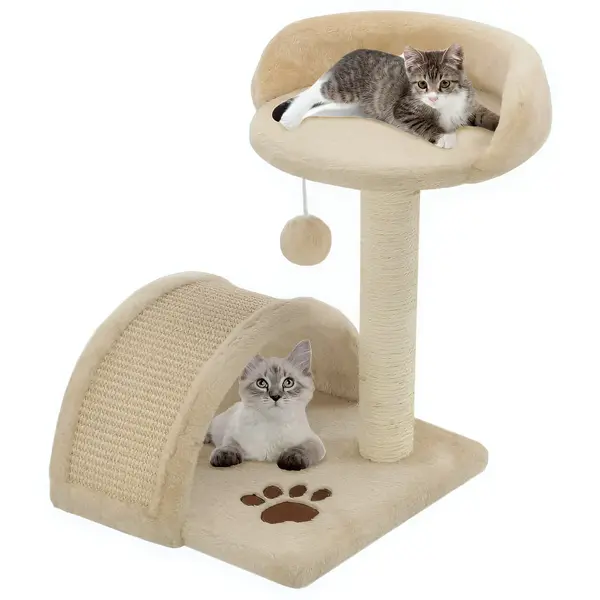 Arbre à chat beige dôme douillet avec tunnel griffoir sisal et jouet suspendu