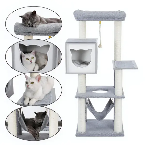 Arbre à chat gris 120cm avec nid perché, hamac et cabane tête de chat