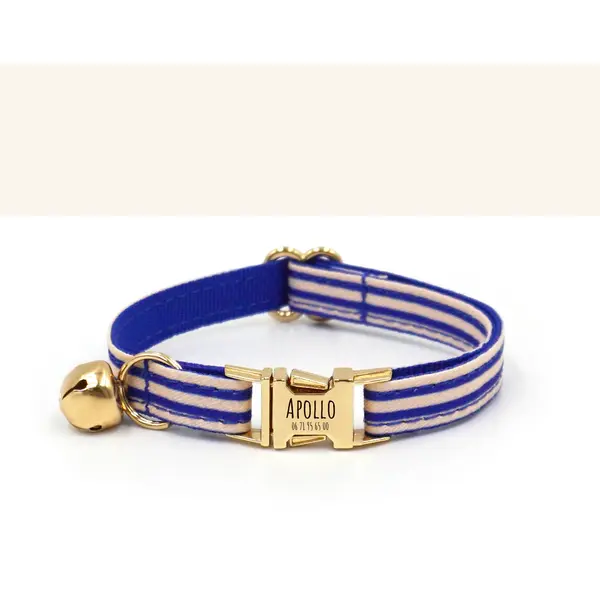 Collier Chat Personnalisé Coton Rayé Bleu