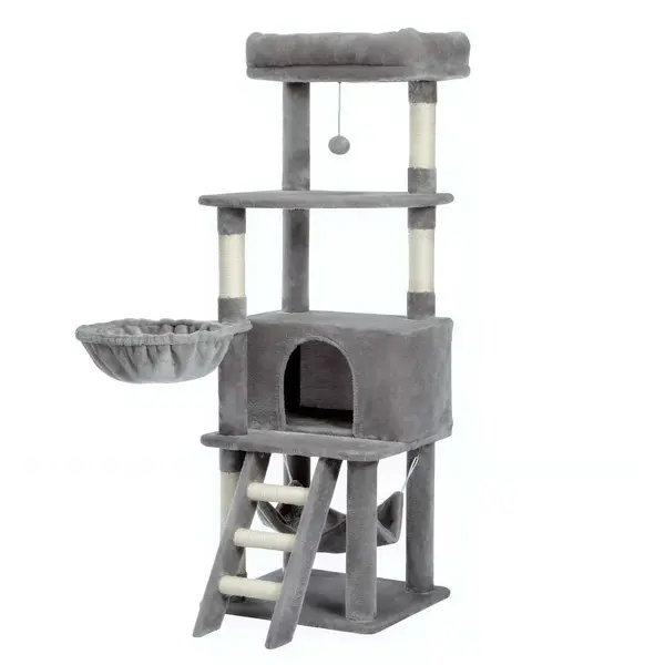 Arbre à chat géant 142cm avec échelle, hamac et cabane, peluche grise ultra douce