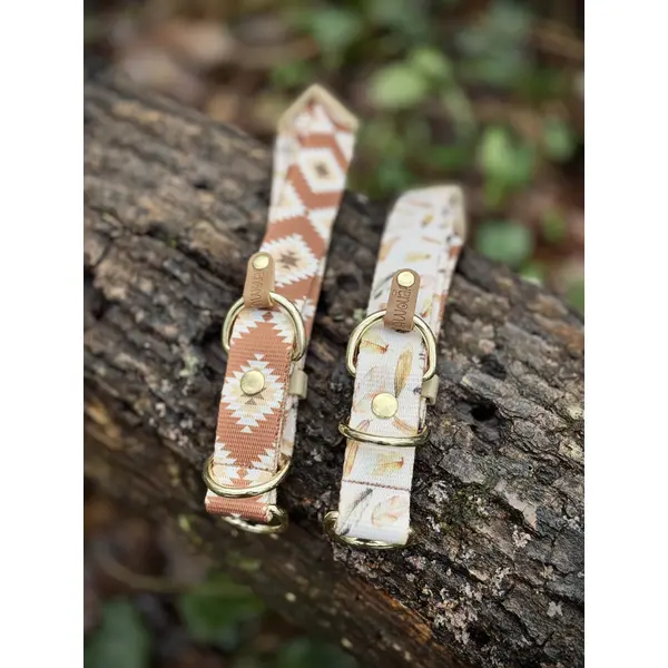 Collier pour chien en sangle imprimée - Motif Amérindien marron / plumes