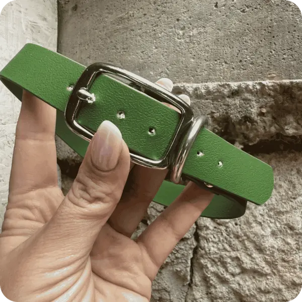 Colliers type biothane vert olive – boucle type ceinture argent – 39 à 48 cm